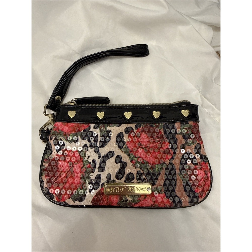 Betsey Johnson Sequin Leopard Rose Wristlet Clutch Bag Heart Studs Y2K McBling